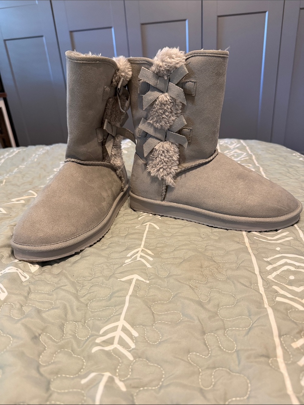 Tretorn Light Gray Faux-Suede Pom-Pom Bow Mid-Calf Boots